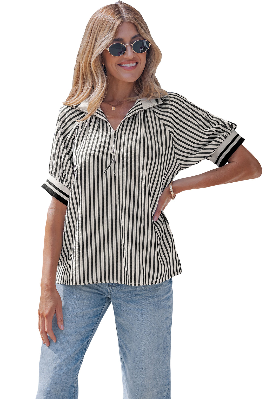 Black Stripe Polo Collar Half Zip Short Puff Sleeve Blouse