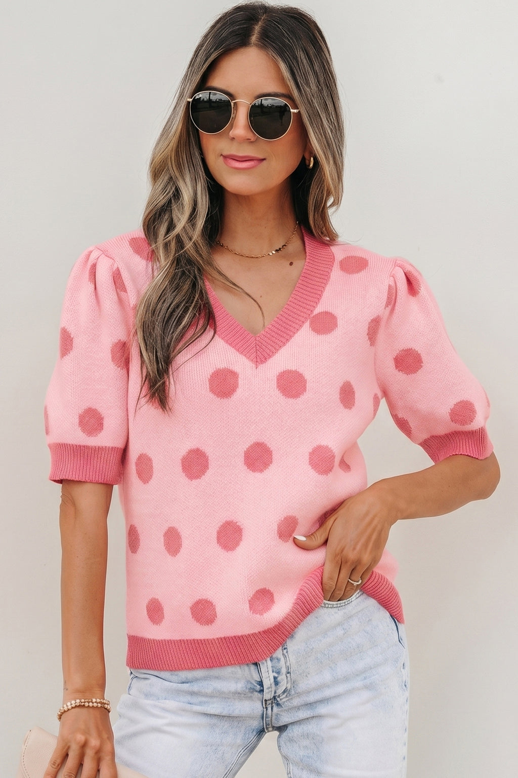 Rose Red Polka Dot Puff Short Sleeve Sweater Top
