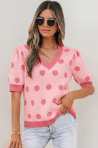 Rose Red Polka Dot Puff Short Sleeve Sweater Top