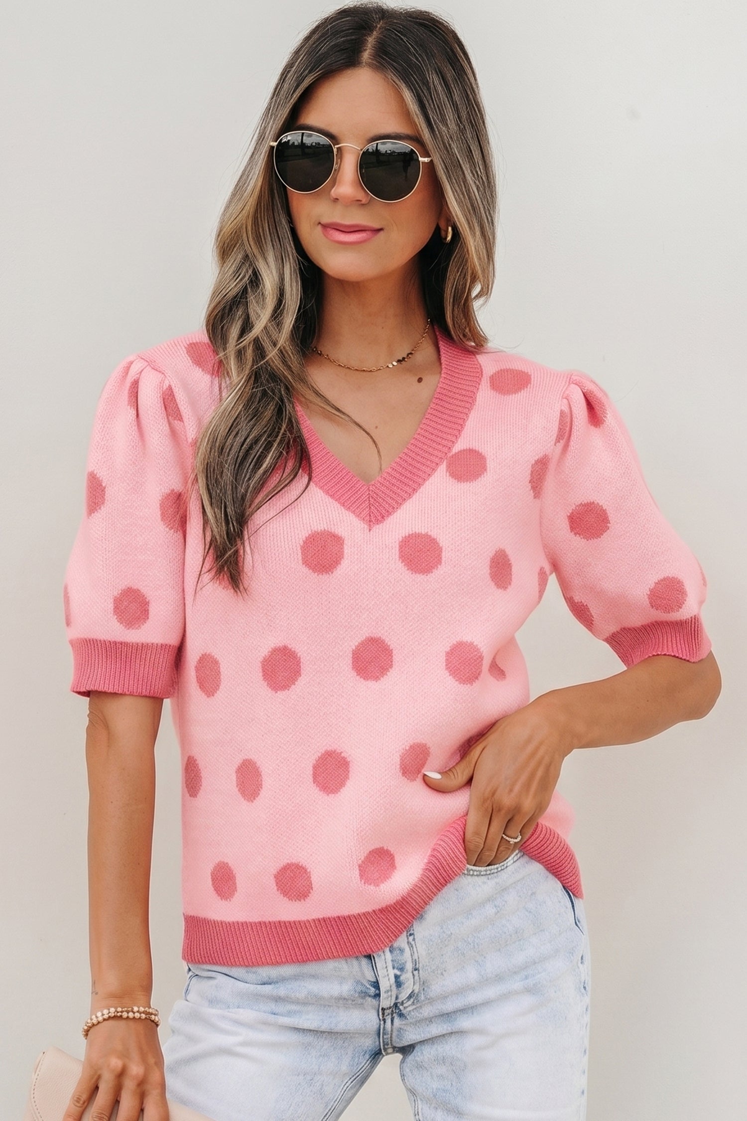 Rose Red Polka Dot Puff Short Sleeve Sweater Top