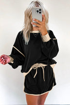 Rose Red Color Contrast Loose Pullover and Lace-up Waist Skort Set