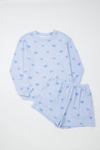 Sky Blue  Bow Print Twisted Rib Loose Long Sleeve Top 2pcs Short Set