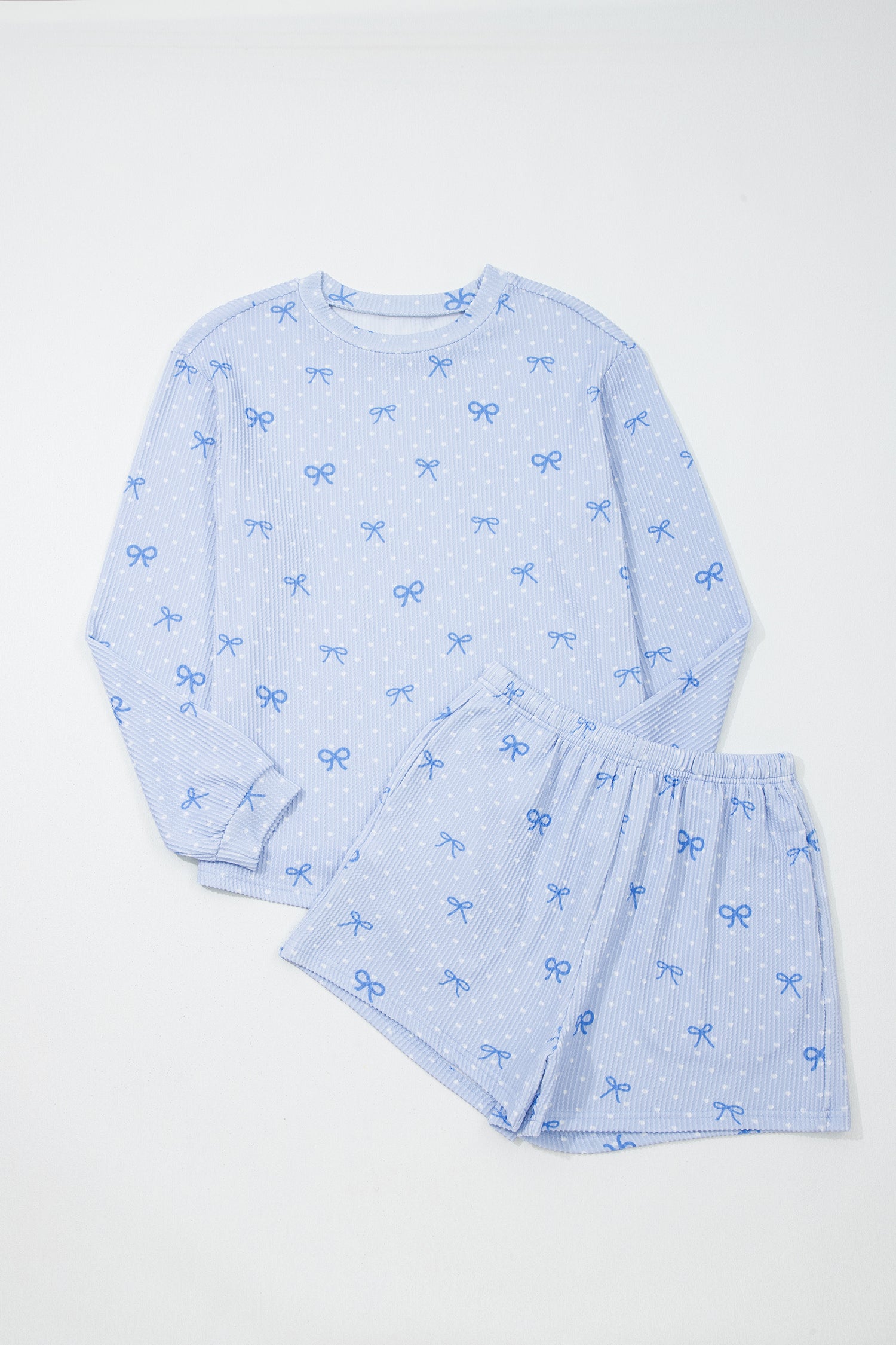 Sky Blue  Bow Print Twisted Rib Loose Long Sleeve Top 2pcs Short Set