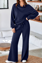 Solid color cowl neck drawstring pullover and wide-leg athleisure pants set by Dear-Lover, casual two-piece outfit for comfort and style.