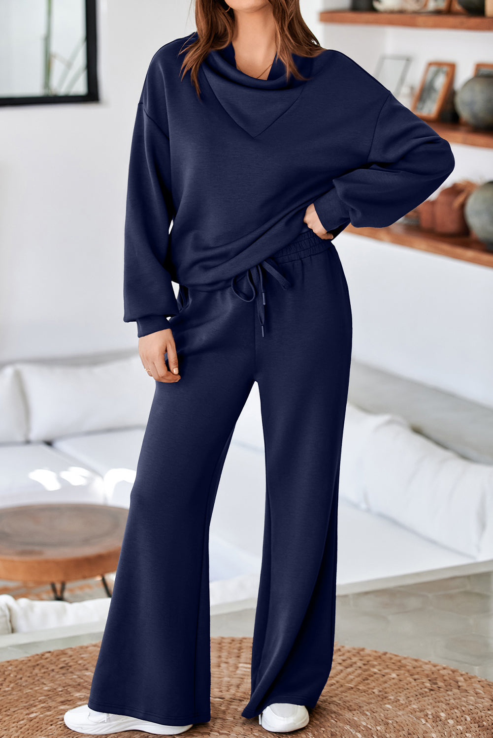 Solid color cowl neck drawstring pullover and wide-leg athleisure pants set by Dear-Lover, casual two-piece outfit for comfort and style.