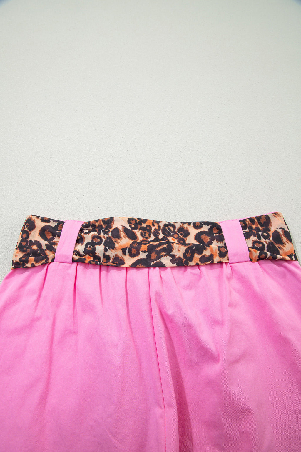 Oatmeal Leopard Contrast Sash Belt Pleated Wide Leg Shorts