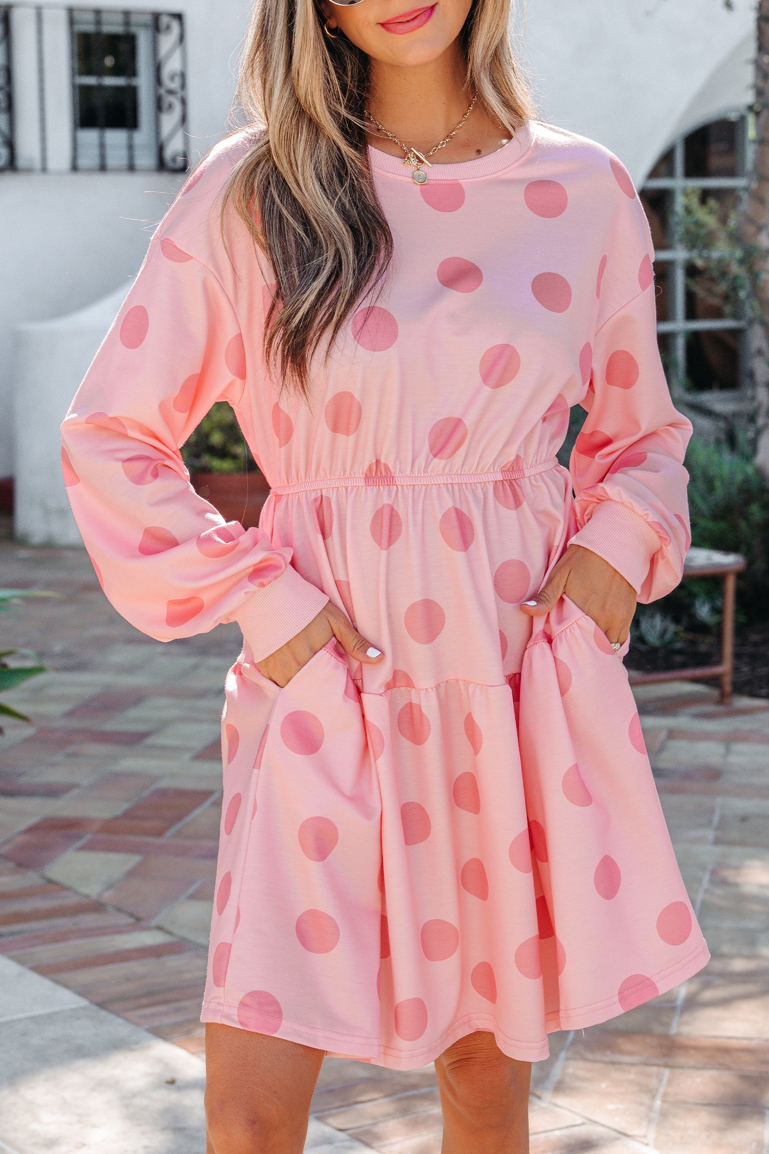 White Polka Dot Printed Long Sleeve Flared Mini Dress
