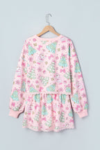Pink Floral Print Lace Trim Long Sleeve Skirt Set