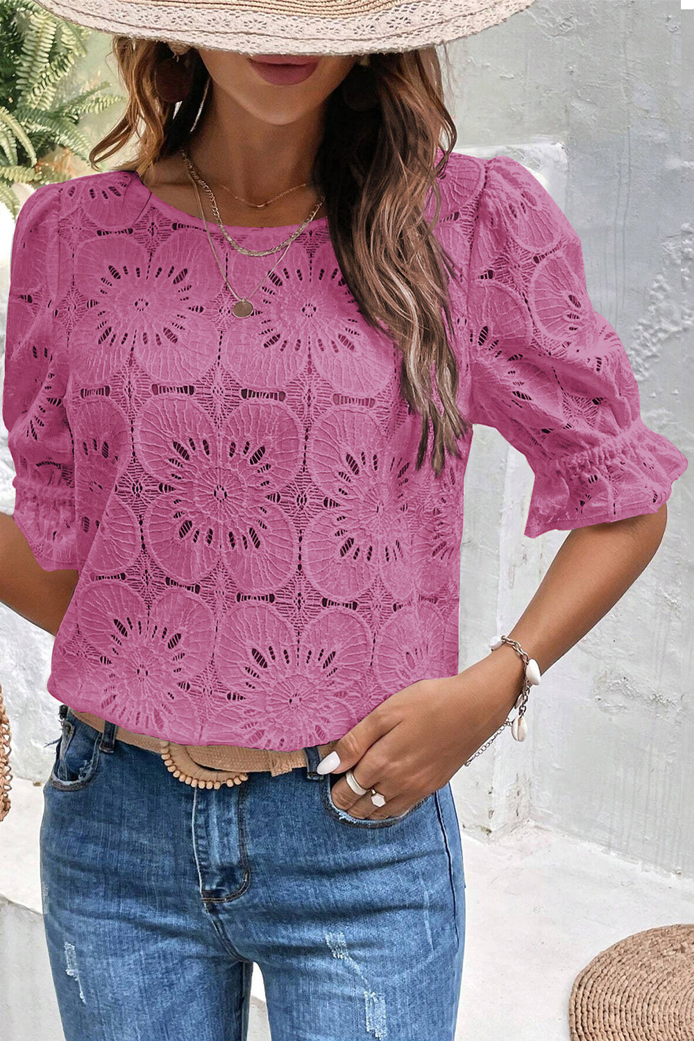 Flower Eyelet Jacquard Keyhole Flounce Sleeve Top