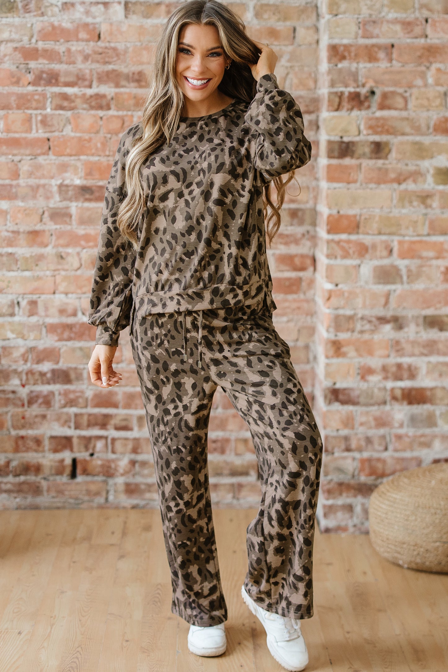 Leopard Print Raw Seam Patchwork Pullover Drawstring Loose Pant Set