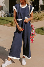 Black Color Block Pocketed T Shirt and Wide Leg Pants Set