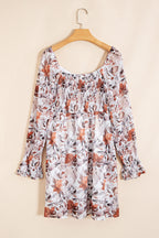 White Floral Print Sweetheart Neck Long Sleeve High Waist Mini Dress