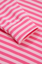 Pink Stripe Drop Shoulder Round Neck Top and Buttoned Straight Pants Two Piece Set