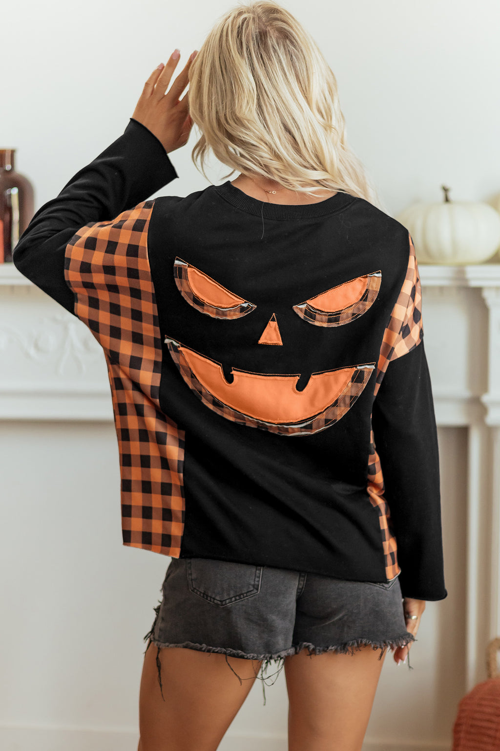 Black Patchwork Plaid Pumpkin Face Long Sleeve Top