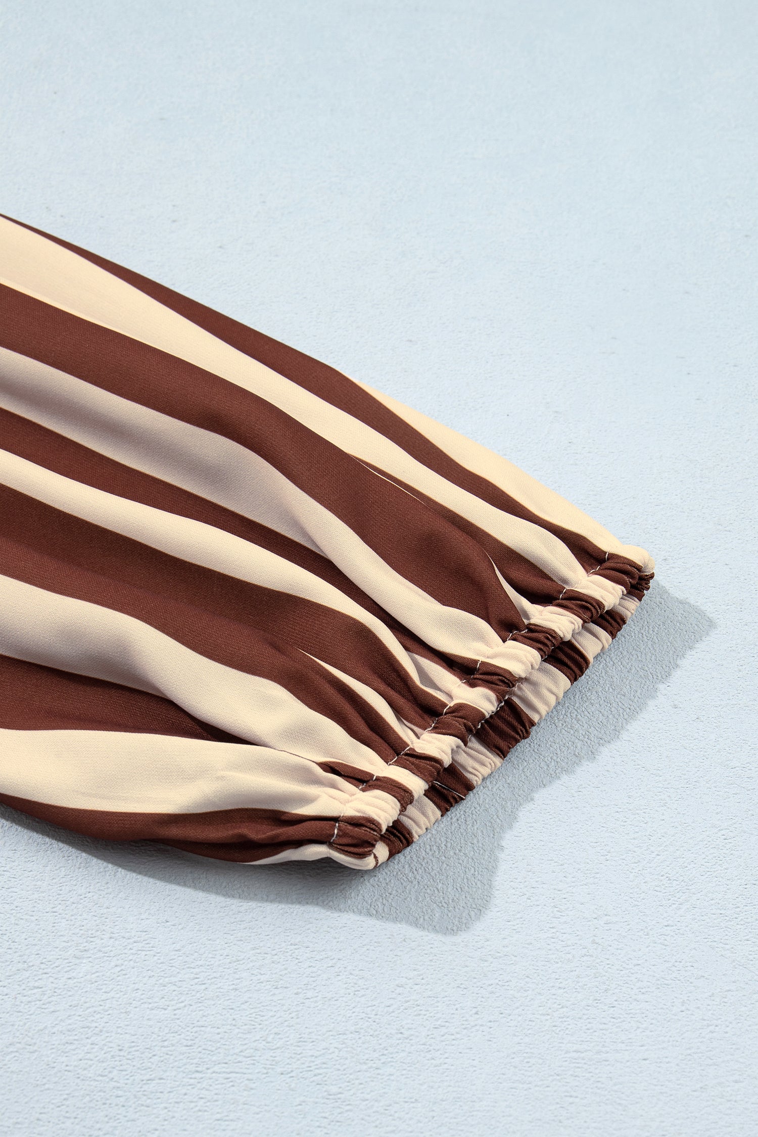Brown Stripe V Neck Half Sleeve Casual Blouse