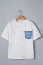 Sail Blue Color Block Chest Pocket Patched Casual Short Sleeve Top
