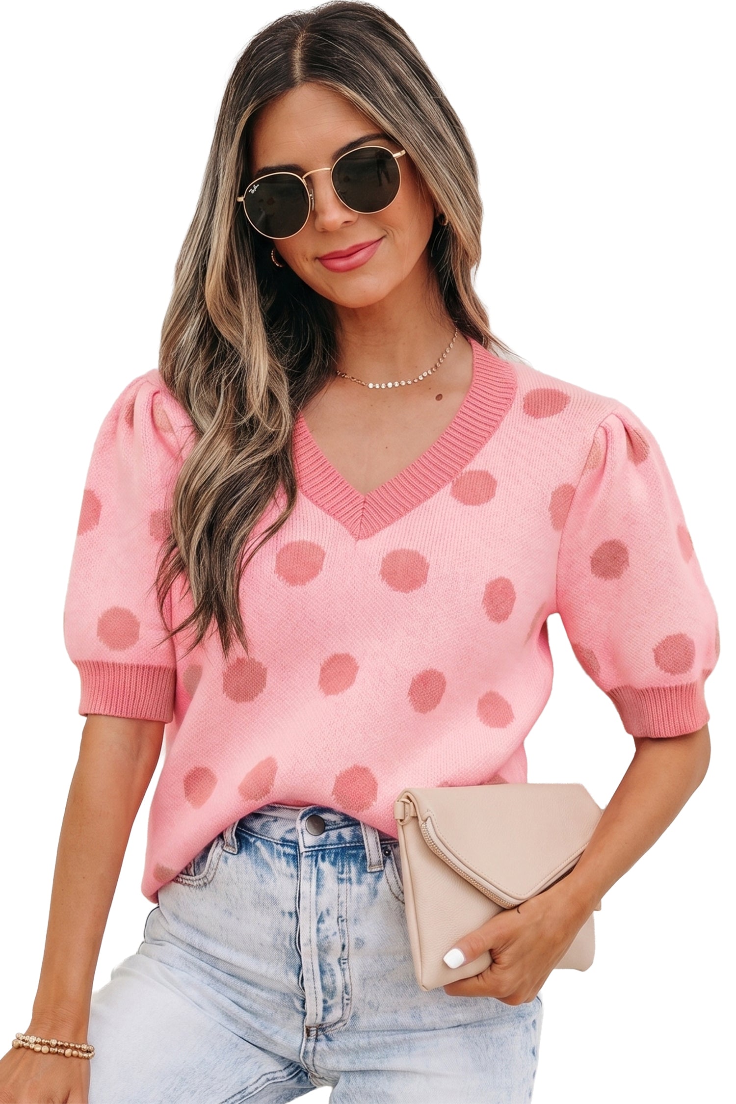 Rose Red Polka Dot Puff Short Sleeve Sweater Top