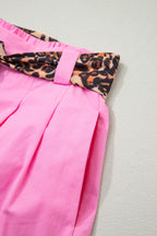 Oatmeal Leopard Contrast Sash Belt Pleated Wide Leg Shorts