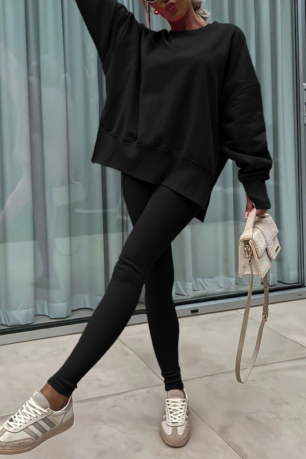 Black Solid Color Oversize Slit Sweatshirt Ribbed Leggings 2pcs Set