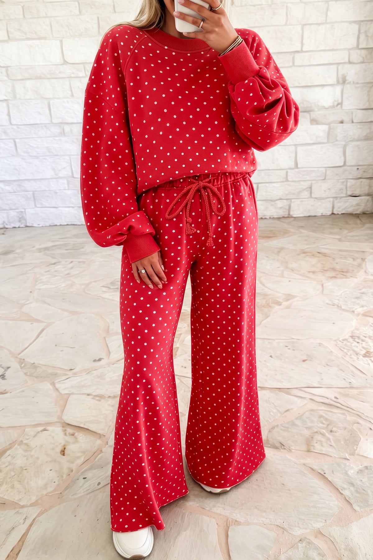 Polka dot drawstring wide-leg long sleeve top and pant set by Dear-Lover, casual two-piece outfit with stylish pattern and comfortable fit.