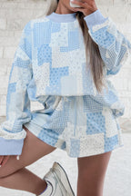 Sky Blue Patchwork Floral Print Drop Shoulder Baggy Pullover Drawstring Shorts Set