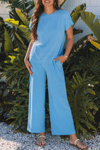 Blue Solid Corded Knit Short Sleeve T Shirt and Wide Leg Pants Set