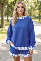Navy Blue Polka Dot Trim Baggy Pullover 2pcs Short Set