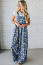 Blue Vintage Rose Printed Pleated Loose Denim Overall Jumpsuit