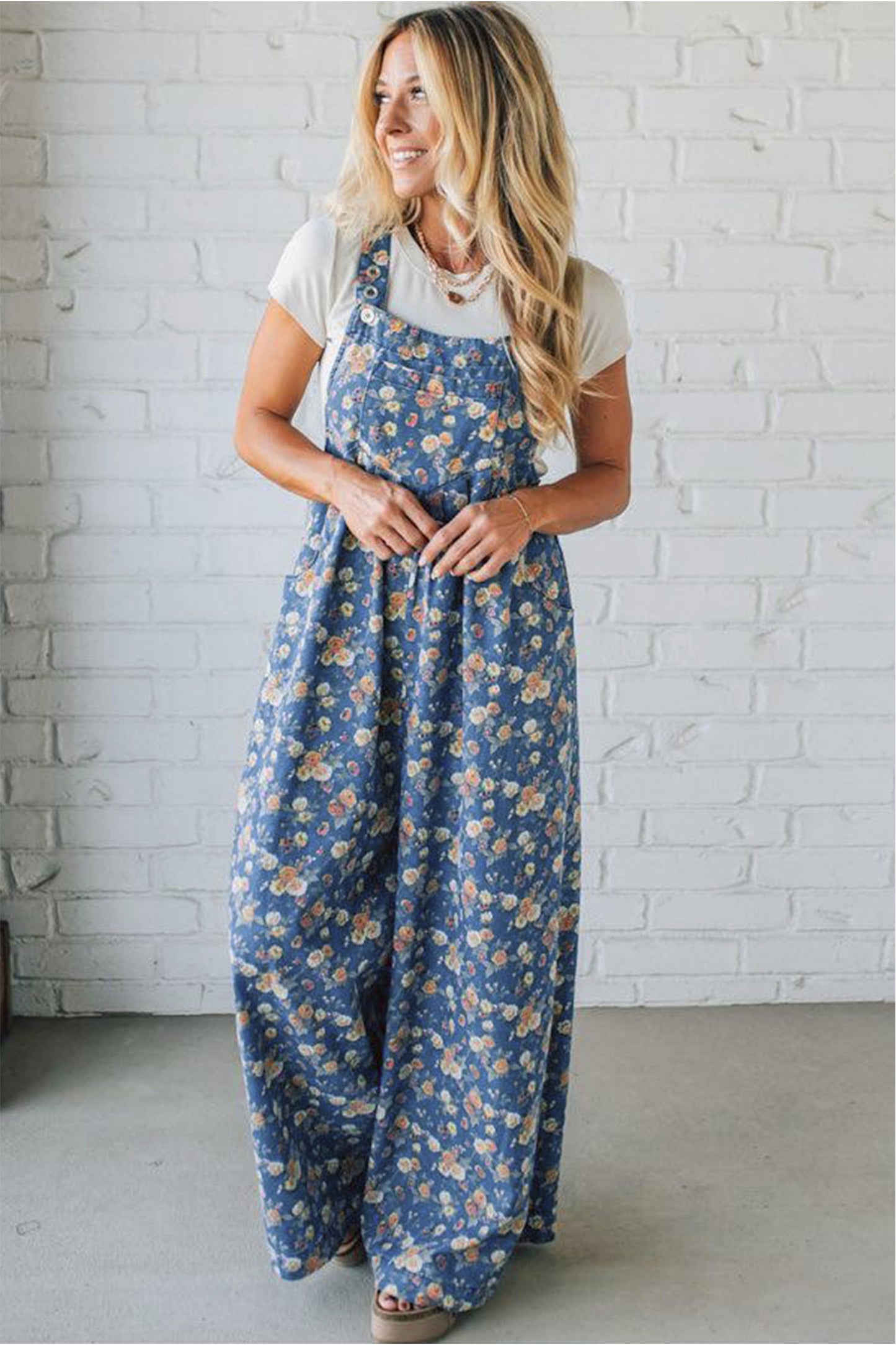 Blue Vintage Rose Printed Pleated Loose Denim Overall Jumpsuit