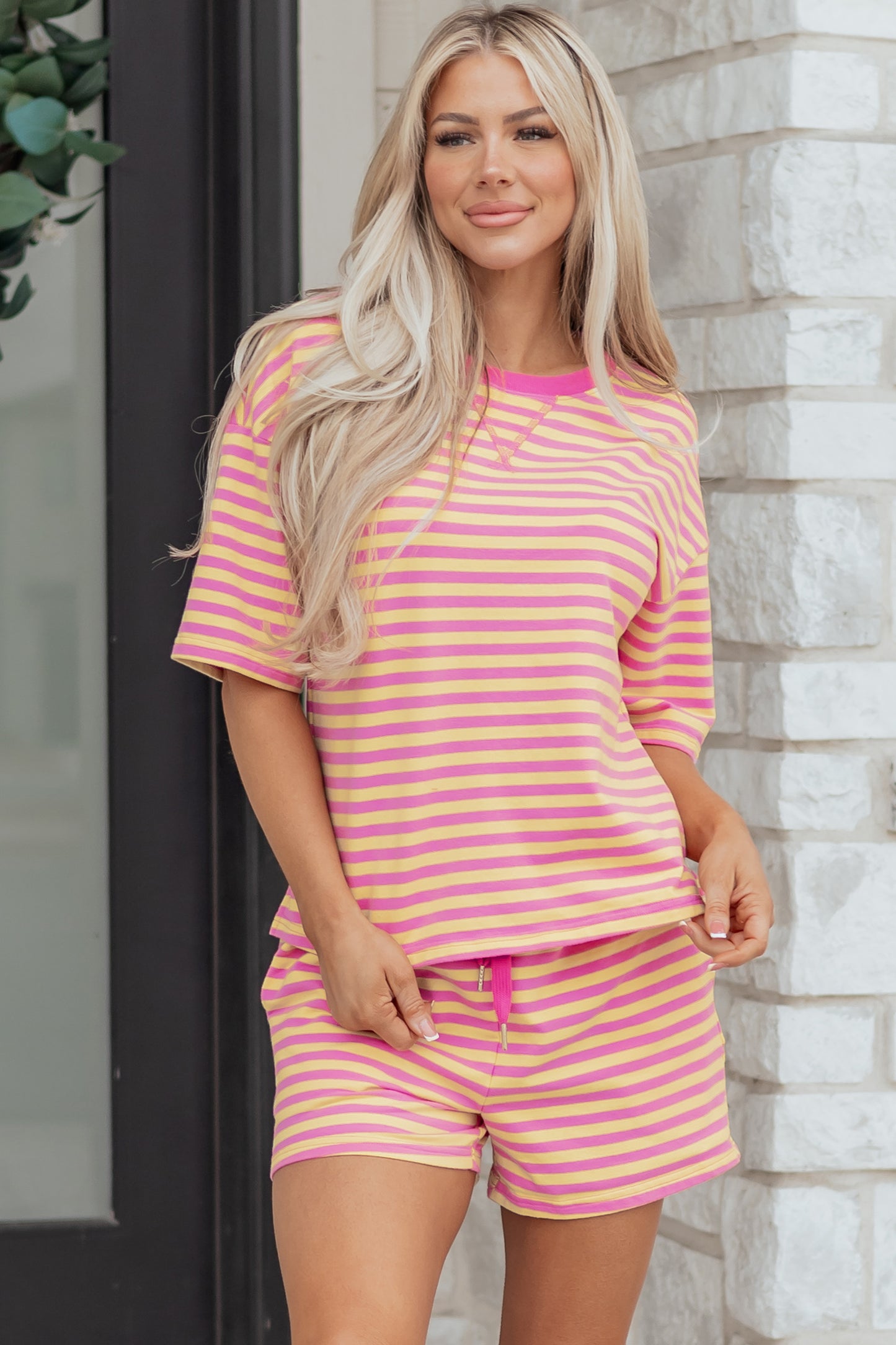 Rose Stripe Drop Shoulder Boxy Casual Terry Short Set
