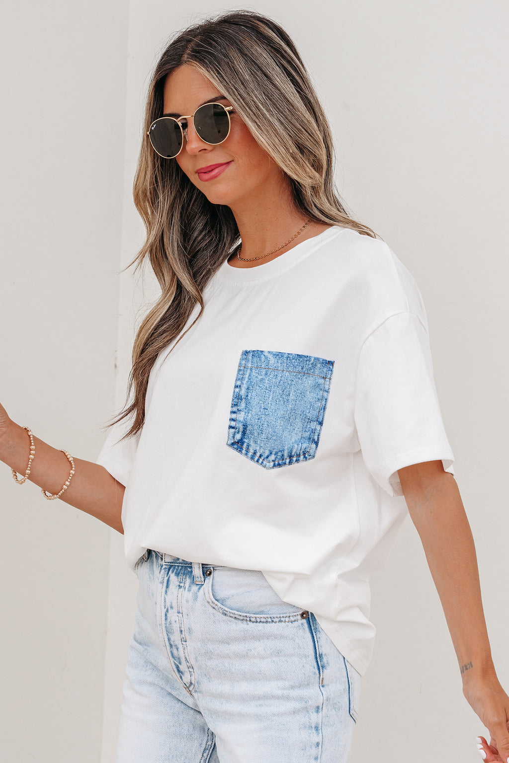 Sail Blue Color Block Chest Pocket Patched Casual Short Sleeve Top