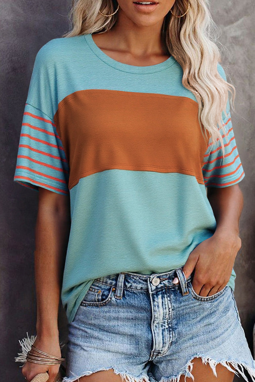 Red Dahlia Color Block Striped Detail Loose T Shirt