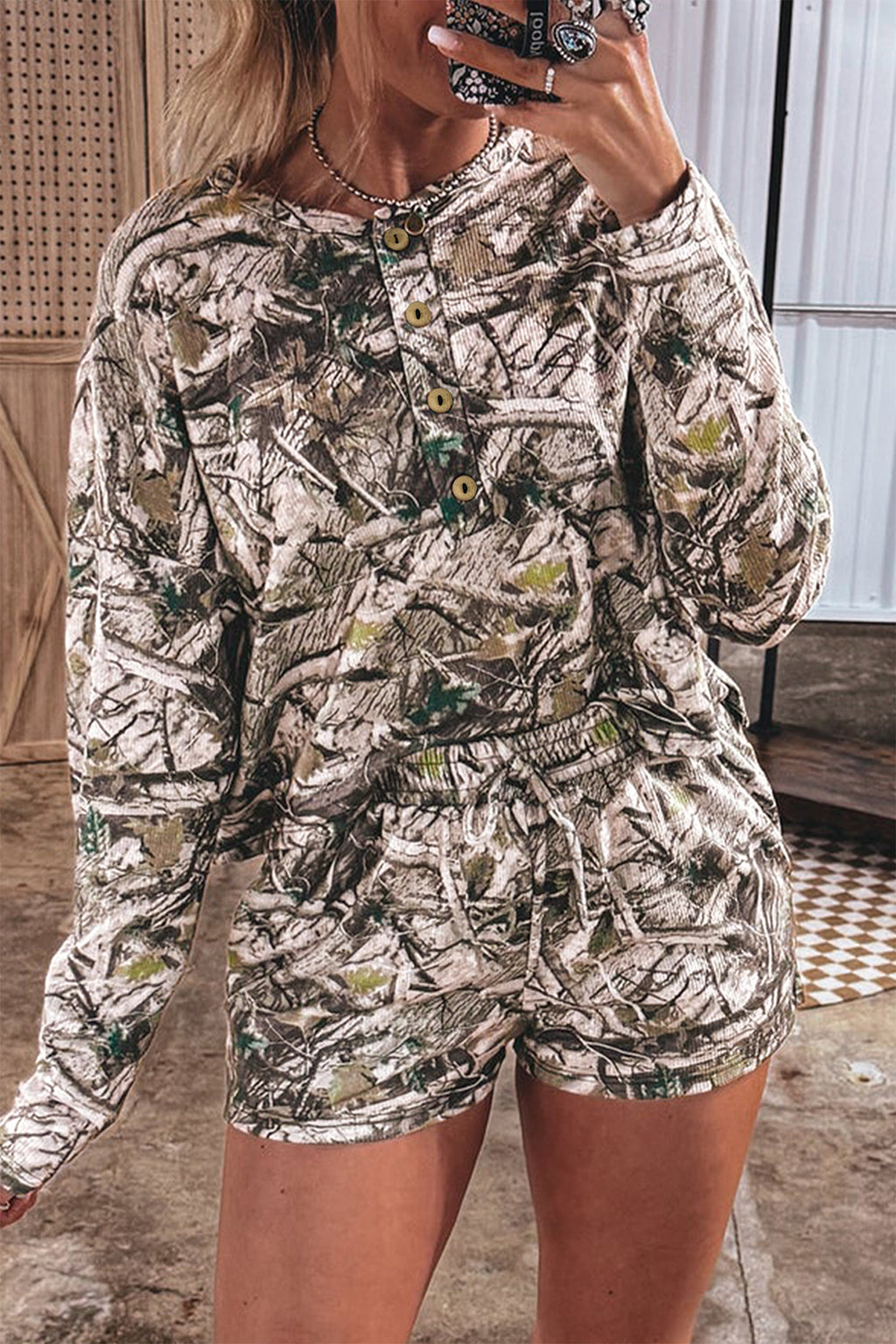 Brown Camo Long Sleeve Top Elastic Waist Shorts Two Piece Set