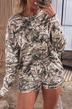 Brown Camo Long Sleeve Top Elastic Waist Shorts Two Piece Set