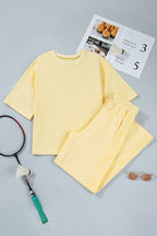 Lace Patchwork Half Sleeve Top Elastic Waist Pants Two Piece Set