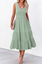 Shirred Pleated Square Neck Sleeveless Midi Dress