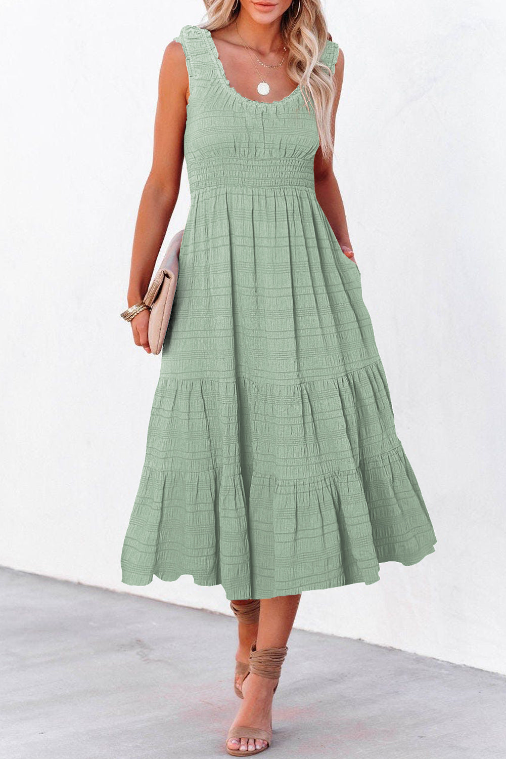 Shirred Pleated Square Neck Sleeveless Midi Dress