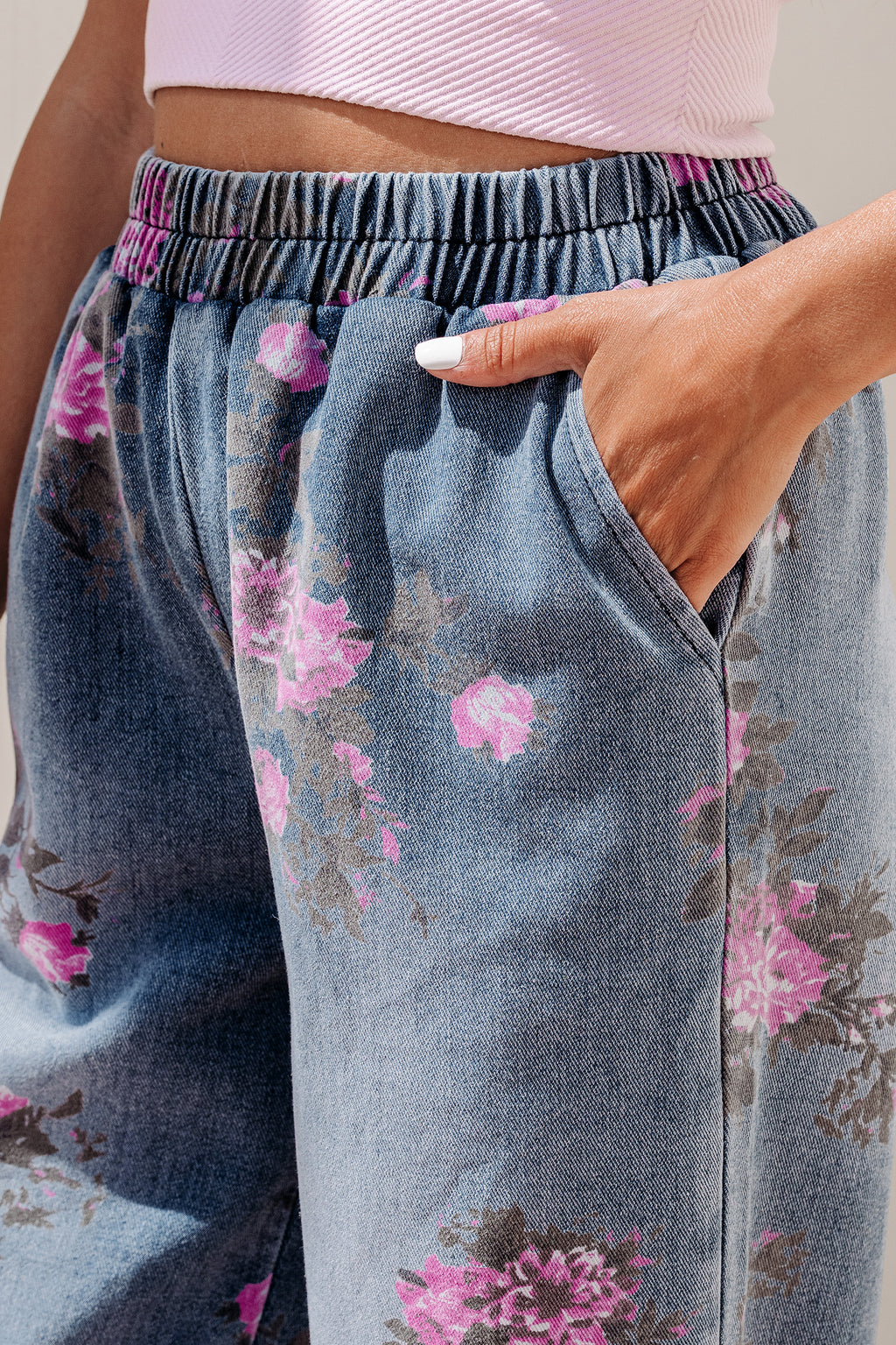 Beau Blue Floral Print Elastic Waist Pull On Casual Jeans
