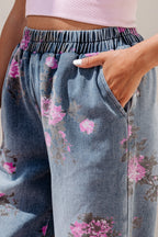 Beau Blue Floral Print Elastic Waist Pull On Casual Jeans