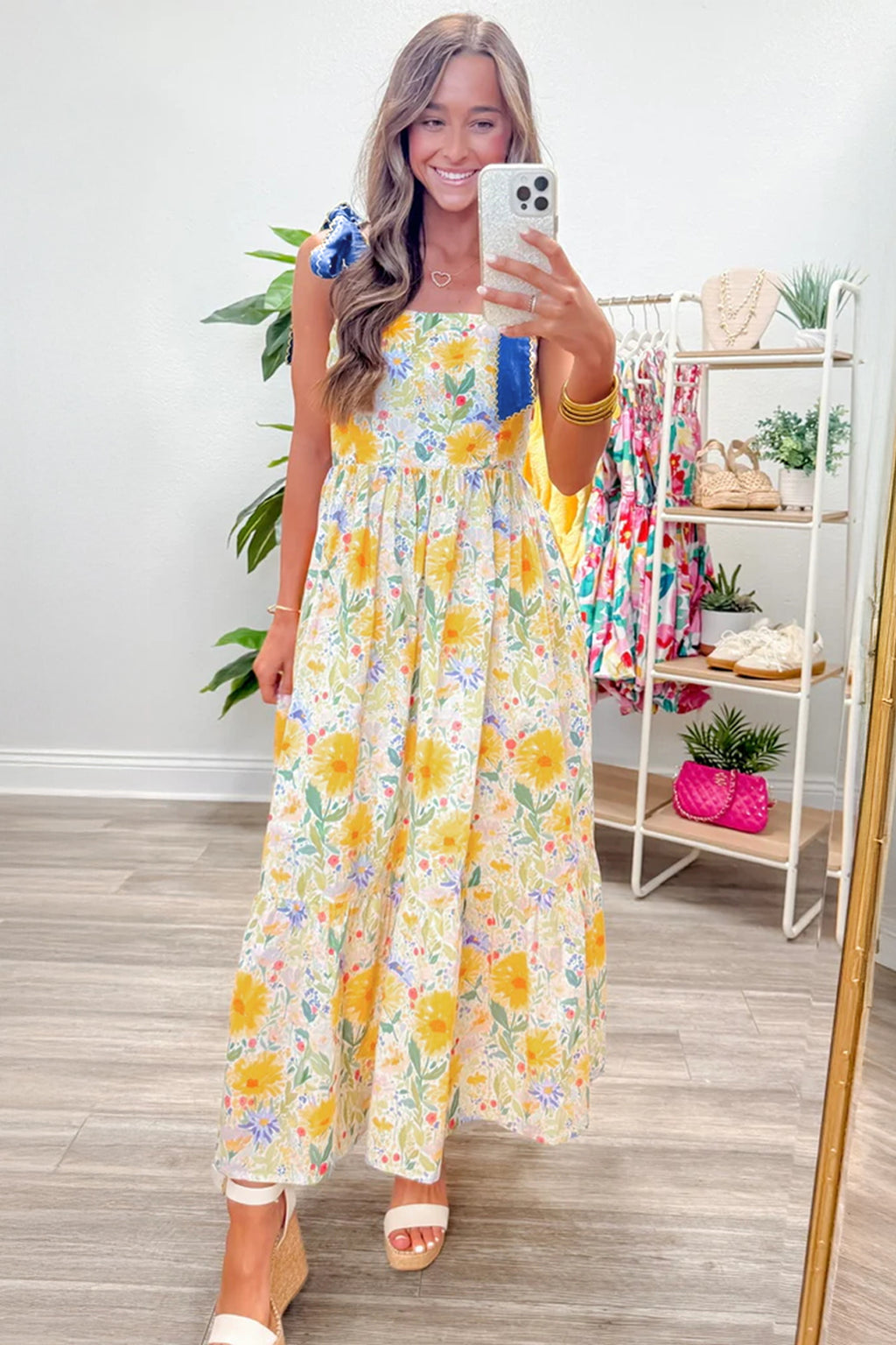 Red Floral Print Contrast Stitched Knot Denim Straps High Waist Dress