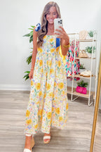 Red Floral Print Contrast Stitched Knot Denim Straps High Waist Dress