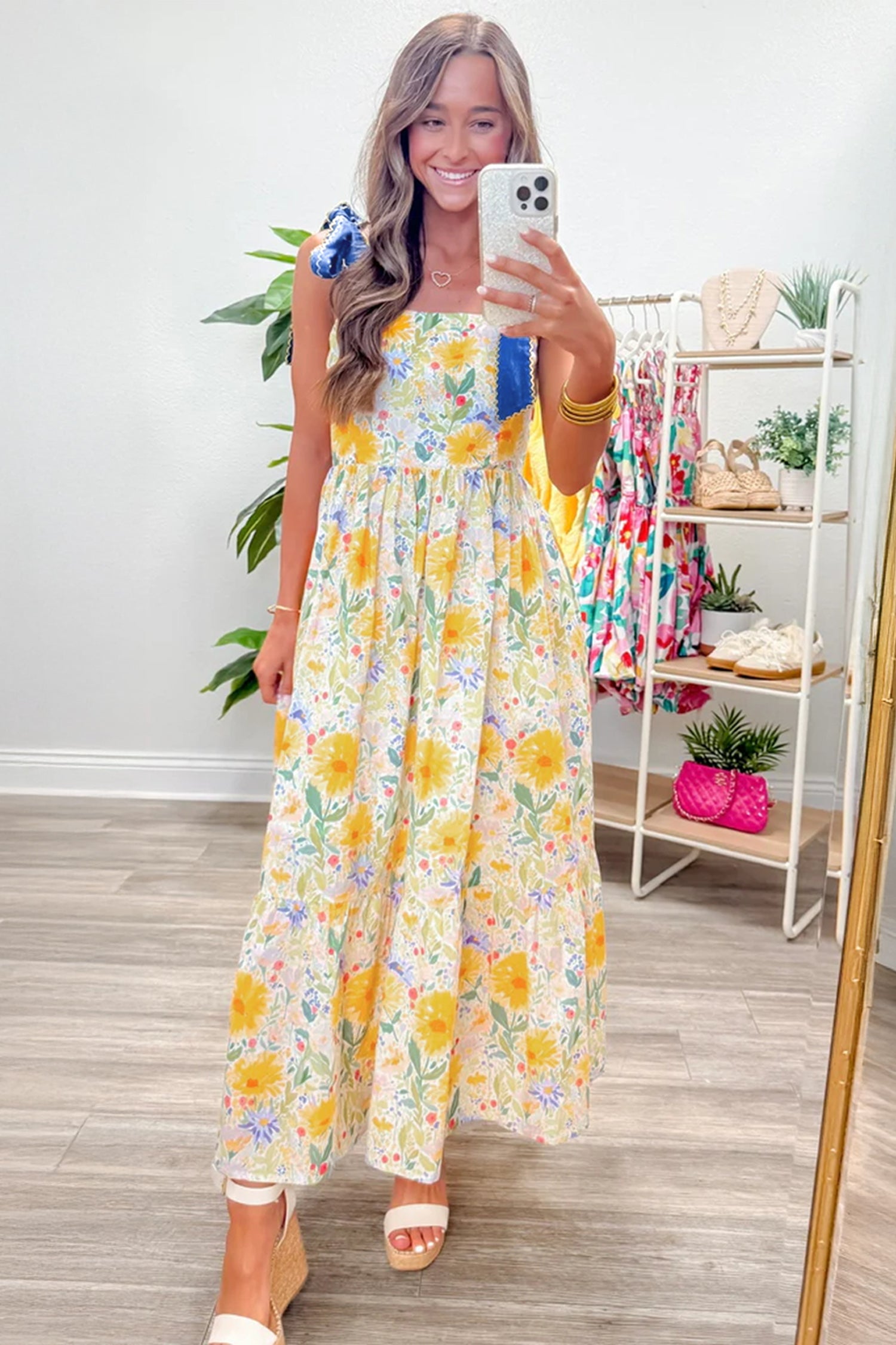 Red Floral Print Contrast Stitched Knot Denim Straps High Waist Dress
