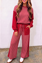 Green Color Block Plaid Patchwork Long Sleeve Pullover Wide Leg Pant Set