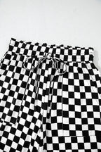 Black Checkered Print Long Sleeve Top and Pants Lounge Set