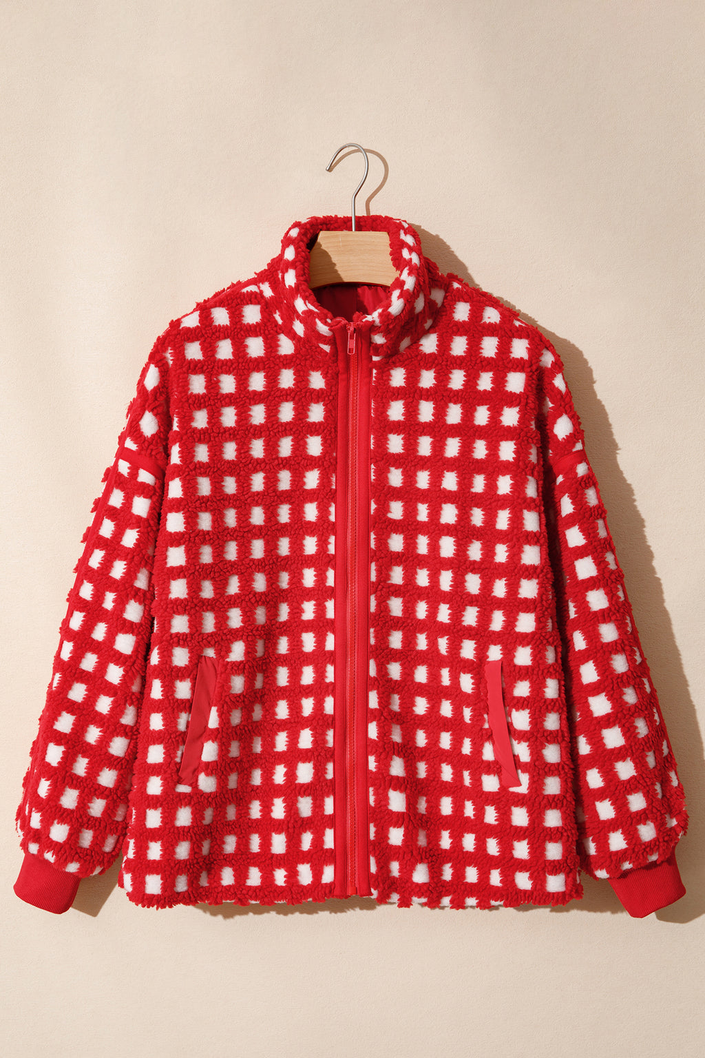 Fiery Red Plaid Zip-up Long Sleeve Jacket