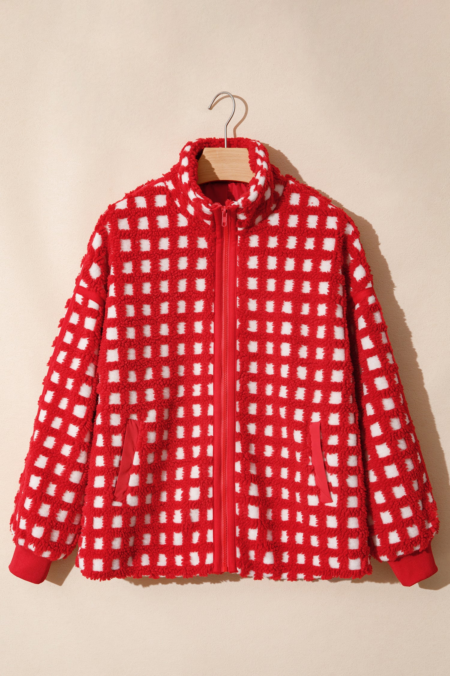Fiery Red Plaid Zip-up Long Sleeve Jacket
