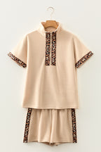 Parchment Leopard Trim Zipped Short Sleeve Casual Set