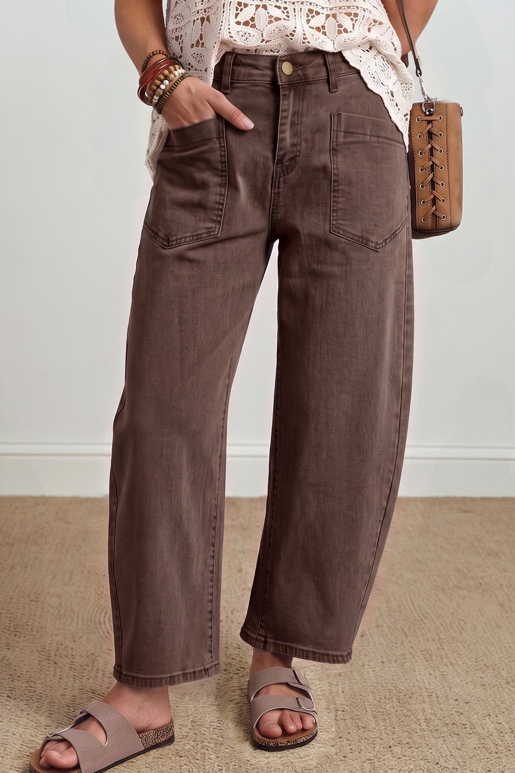 Coffee Solid Color Square Patch Pocket Ankle-length Barrel Jeans