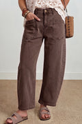Coffee Solid Color Square Patch Pocket Ankle-length Barrel Jeans