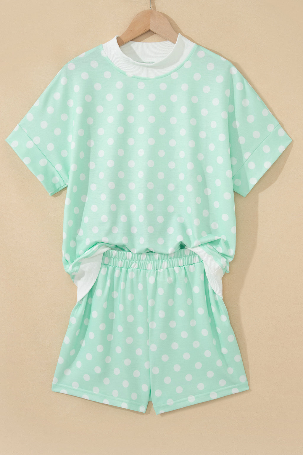 Yellow Polka Dot Print Color Block Trim Mock Neck Short Set
